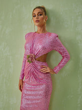 Load image into Gallery viewer, Aviva Long Sleeve Cutout Sequin Maxi Dress In Pink
