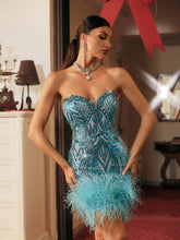 Load image into Gallery viewer, Blissany Strapless Rhinestone Feather Mini Dress