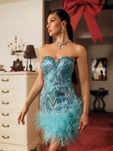 Load image into Gallery viewer, Blissany Strapless Rhinestone Feather Mini Dress