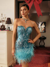 Load image into Gallery viewer, Blissany Strapless Rhinestone Feather Mini Dress