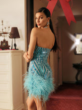 Load image into Gallery viewer, Blissany Strapless Rhinestone Feather Mini Dress