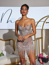 Load image into Gallery viewer, Stragaz Strapless Crystal Chain Fringe Mini Dress