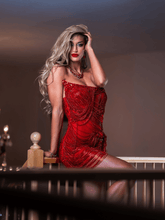 Load image into Gallery viewer, Verona Embellished Diamond Chain Dress In Red
