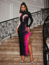 Load image into Gallery viewer, Aakifah Rhinestone Feather Bandage Midi Dress
