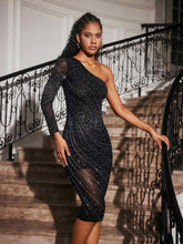 Load image into Gallery viewer, Abene One Shoulder Crystal Mesh Midi Dress
