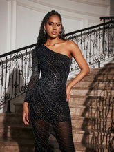 Load image into Gallery viewer, Abene One Shoulder Crystal Mesh Midi Dress

