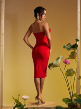 Load image into Gallery viewer, Adlai Strapless Flower Bandage Midi Dress

