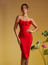 Load image into Gallery viewer, Adlai Strapless Flower Bandage Midi Dress
