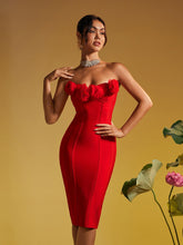 Load image into Gallery viewer, Adlai Strapless Flower Bandage Midi Dress

