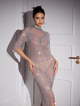 Load image into Gallery viewer, Aisha Mid Sleeve Crystal Chain Fringe Maxi Dress
