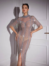 Load image into Gallery viewer, Aisha Mid Sleeve Crystal Chain Fringe Maxi Dress
