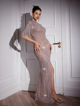 Load image into Gallery viewer, Aisha Mid Sleeve Crystal Chain Fringe Maxi Dress
