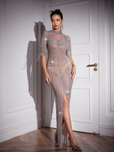 Load image into Gallery viewer, Aisha Mid Sleeve Crystal Chain Fringe Maxi Dress
