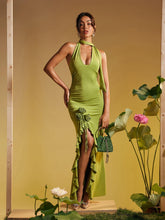 Load image into Gallery viewer, Alara Halterneck Flower Ruffle Maxi Dress In Green
