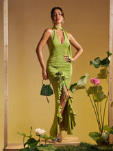 Load image into Gallery viewer, Alara Halterneck Flower Ruffle Maxi Dress In Green
