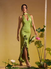 Load image into Gallery viewer, Alara Halterneck Flower Ruffle Maxi Dress In Green
