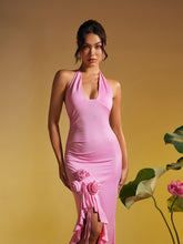 Load image into Gallery viewer, Alara Halterneck Flower Ruffle Maxi Dress In Pink
