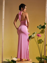 Load image into Gallery viewer, Alara Halterneck Flower Ruffle Maxi Dress In Pink
