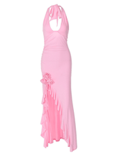Load image into Gallery viewer, Alara Halterneck Flower Ruffle Maxi Dress In Pink
