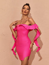 Load image into Gallery viewer, Alivia Off Shoulder Ruffle Bandage Dress In Hot Pink
