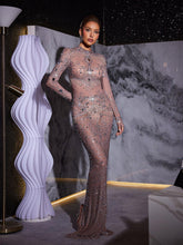 Load image into Gallery viewer, Alonzo Rhinestone Fringe Mesh Maxi Dress
