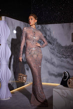 Load image into Gallery viewer, Alonzo Rhinestone Fringe Mesh Maxi Dress

