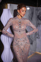 Load image into Gallery viewer, Alonzo Rhinestone Fringe Mesh Maxi Dress

