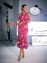 Load image into Gallery viewer, Amara Long Sleeve Embroidered Midi Dress In Hot Pink
