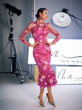 Load image into Gallery viewer, Amara Long Sleeve Embroidered Midi Dress In Hot Pink
