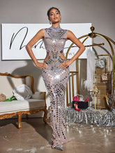 Load image into Gallery viewer, Andy High Neck Cutout Acrylic Maxi Dress
