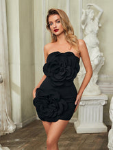 Load image into Gallery viewer, Anwen Strapless Flower Mini Dress In Black

