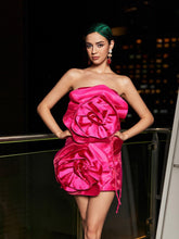 Load image into Gallery viewer, Anwen Strapless Flower Mini Dress In Hot Pink
