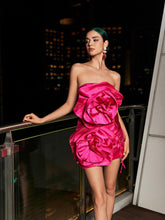 Load image into Gallery viewer, Anwen Strapless Flower Mini Dress In Hot Pink
