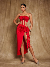 Load image into Gallery viewer, Arrietty Flower Draped Split Skirt Set In Red
