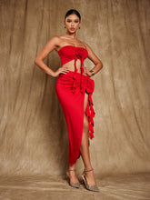 Load image into Gallery viewer, Arrietty Flower Draped Split Skirt Set In Red

