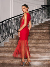 Load image into Gallery viewer, Ascella Crystal Fringe Mesh Midi Dress
