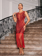 Load image into Gallery viewer, Ascella Crystal Fringe Mesh Midi Dress
