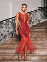 Load image into Gallery viewer, Ascella Crystal Fringe Mesh Midi Dress
