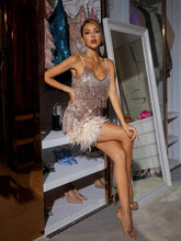 Load image into Gallery viewer, Austyn Tassel Feather Mini Dress In Champagne
