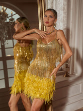 Load image into Gallery viewer, Austyn Tassel Feather Mini Dress In Gold
