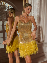 Load image into Gallery viewer, Austyn Tassel Feather Mini Dress In Gold

