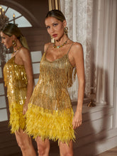 Load image into Gallery viewer, Austyn Tassel Feather Mini Dress In Gold
