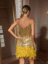 Load image into Gallery viewer, Austyn Tassel Feather Mini Dress In Gold

