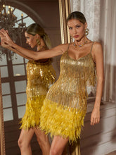 Load image into Gallery viewer, Austyn Tassel Feather Mini Dress In Gold
