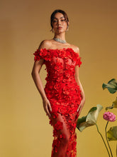 Load image into Gallery viewer, Azizi Off Shoulder Flower Mesh Maxi Dress
