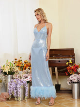Load image into Gallery viewer, Beck Backless Feather Trimmed Sequin Dress
