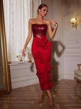 Load image into Gallery viewer, Bevin Strapless Flower Midi Dress
