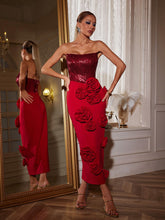 Load image into Gallery viewer, Bevin Strapless Flower Midi Dress
