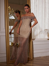 Load image into Gallery viewer, Bexley Off Shoulder Mesh Rhinestone Maxi Dress
