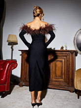 Load image into Gallery viewer, Blanche Off Shoulder Feather Trimmed Midi Dress In Black
